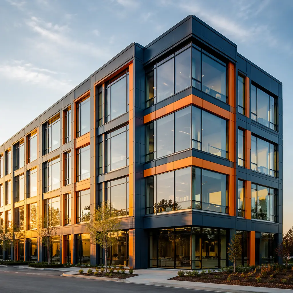 Completed multi-story modular prefabricated building exterior with clean geometric lines, visible module seams, warm orange accent details on facade, dark navy glass panels, modern commercial architecture