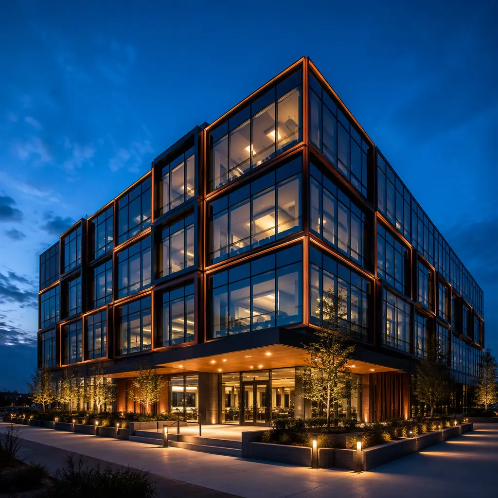 Low-angle hero shot of completed modern modular commercial building at dusk, warm interior lights glowing through dark navy glass, clean geometric modular grid facade, warm orange accent lines tracing module edges