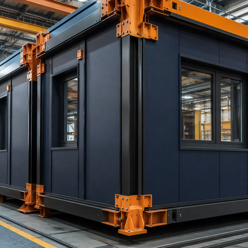 Close-up of completed modular prefabricated building modules in final assembly on factory floor, steel frame structure, dark navy wall panels, warm orange steel connectors and junction details, precision engineering quality