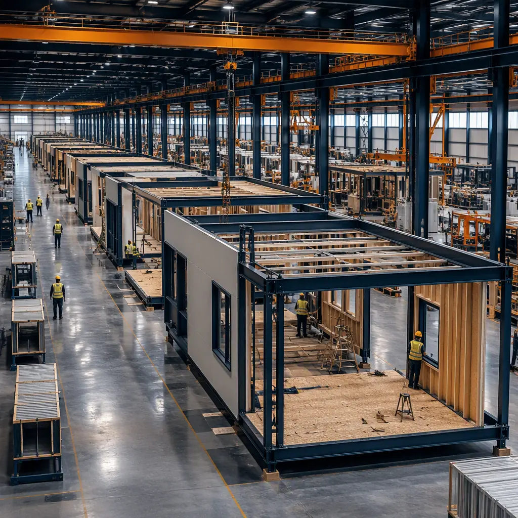 Modular prefabricated construction factory floor with steel-frame modules in production, overhead crane, clean industrial environment, warm orange structural elements, dark navy framework