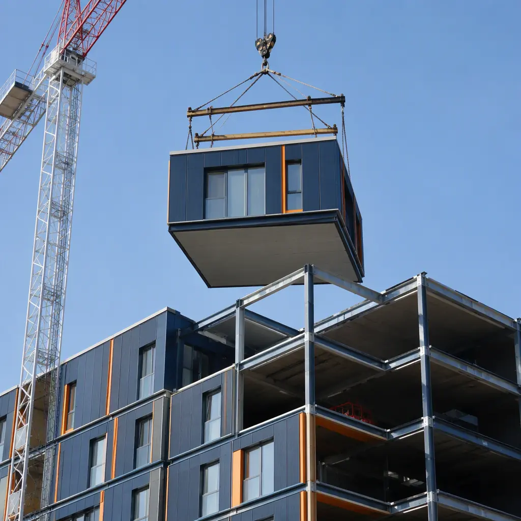 Construction site with tower crane lifting large prefabricated modular building unit into position on multi-story steel frame, completed modules on lower floors, clean geometric facade with dark navy panels and warm orange accents