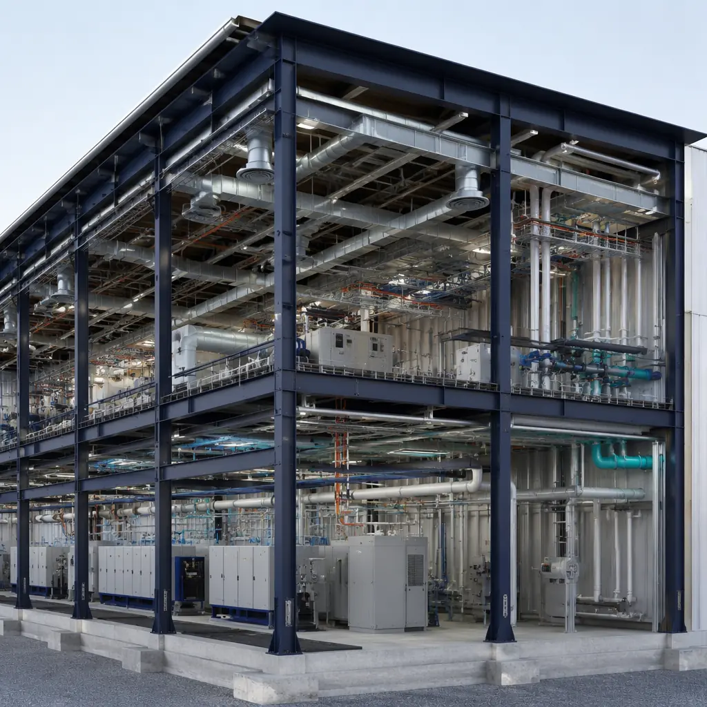 Photorealistic 3D cross-section render of modular manufacturing facility steel frame, factory-assembled MEP systems visible including compressed air lines and process cooling pipes, conduit trays with 480V power distribution, dark navy structural steel elements with orange accent details