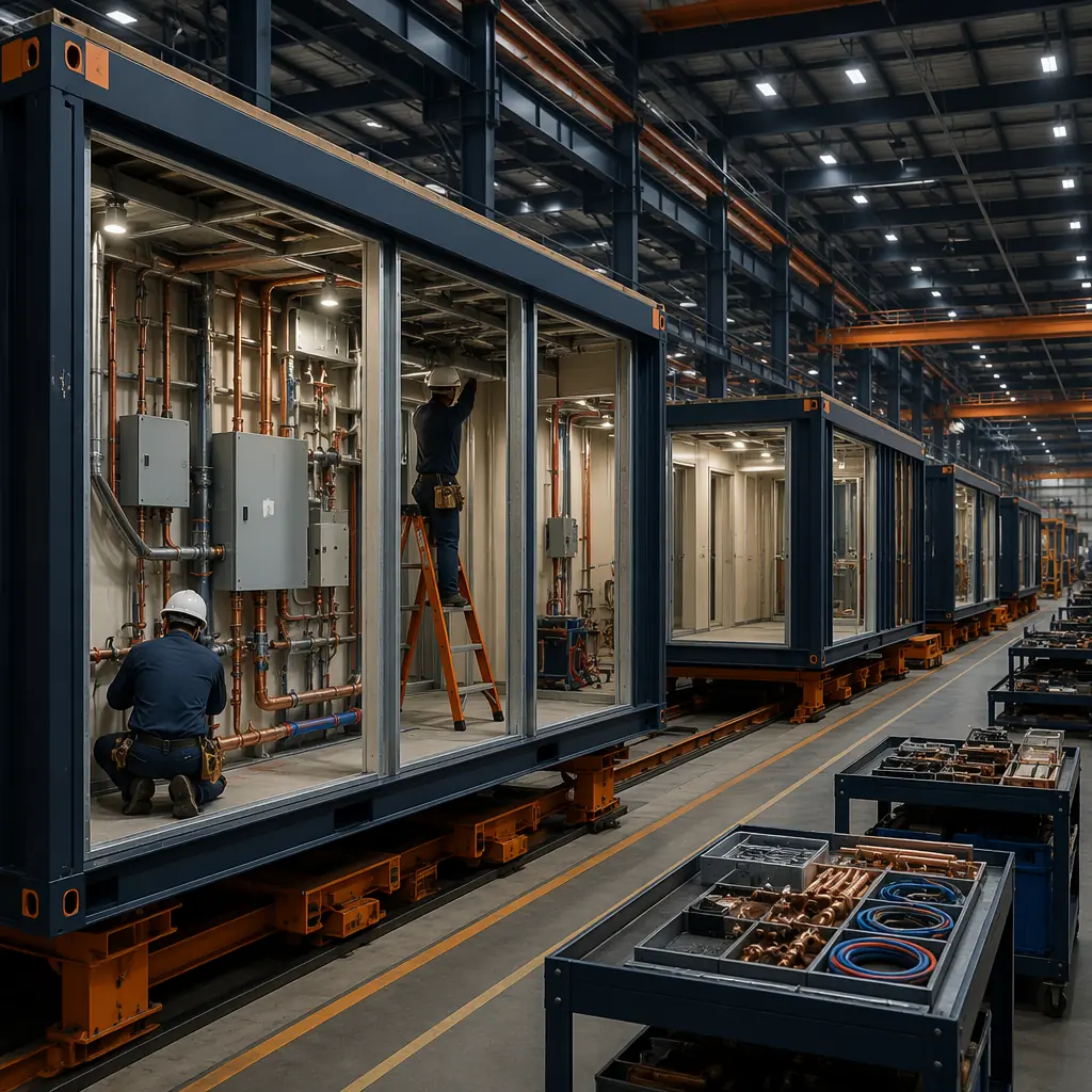 Factory floor of modular prefabricated construction facility, steel-framed production modules on assembly line, workers installing MEP systems inside modules, completed module sections with factory-installed electrical panels and compressed air piping, module ready for transport, color palette dark navy and warm steel orange