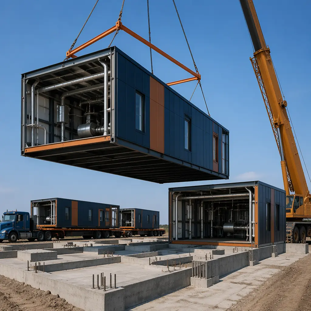 Construction site of modular light manufacturing facility, crane lifting a completed factory module with pre-installed MEP systems onto foundation slab, modules arriving on flatbed trucks, steel frame modules with factory-finished exterior wall panels, module seams visible, dark navy and warm steel orange color scheme