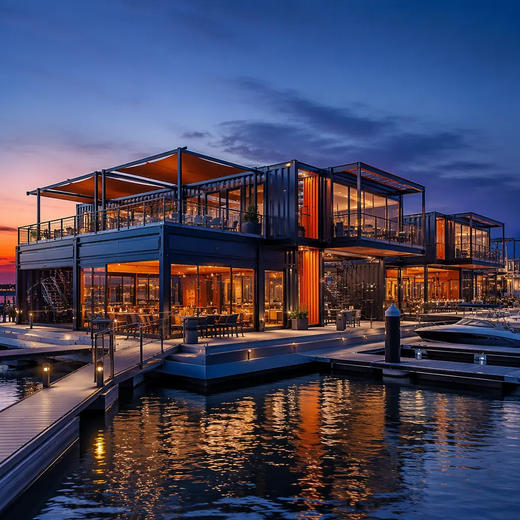 Modular floating restaurant and marina clubhouse complex on waterfront, steel-framed prefabricated modules on floating pontoon platform with marina slips, clean geometric facade with module seams visible, twilight lighting with warm steel orange architectural accents, modular prefabricated marine construction, factory-built waterfront commercial facilities, dark navy structural elements