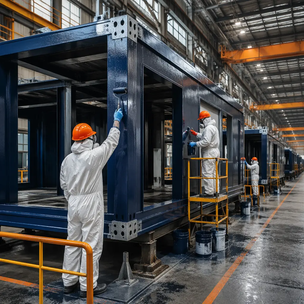 Factory assembly of marine-grade modular unit, steel frame module with hot-dip galvanized structural connections, workers applying marine epoxy coating system in controlled factory environment, assembly line with floating building modules in production, ocean-certified corrosion protection being applied, modular prefabricated construction for marine applications, dark navy steel elements