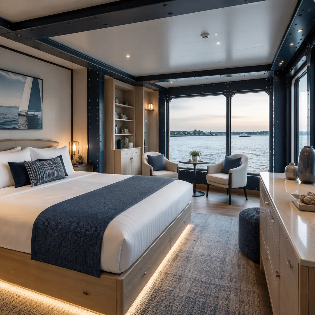 Interior of completed modular floating hotel room with large windows overlooking water, factory-finished marine-grade interior with corrosion-resistant fixtures and fittings, clean modern design with nautical accents, modular prefabricated construction for luxury floating accommodations, steel frame visible at window reveals with dark navy finish