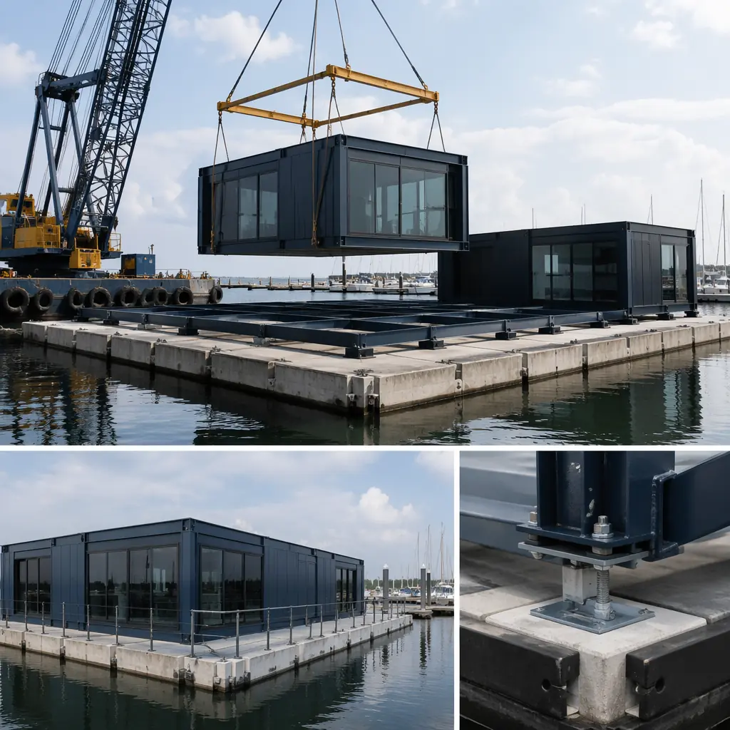 Steel-framed modular building modules being lifted by crane barge onto concrete floating pontoon platform, prefabricated modules with marine-grade coatings being positioned on pontoon grid, calm harbor setting with marina infrastructure, module-to-pontoon connection detail visible, modular prefabricated construction for floating buildings, clean geometric lines with module seams, dark navy structural steel