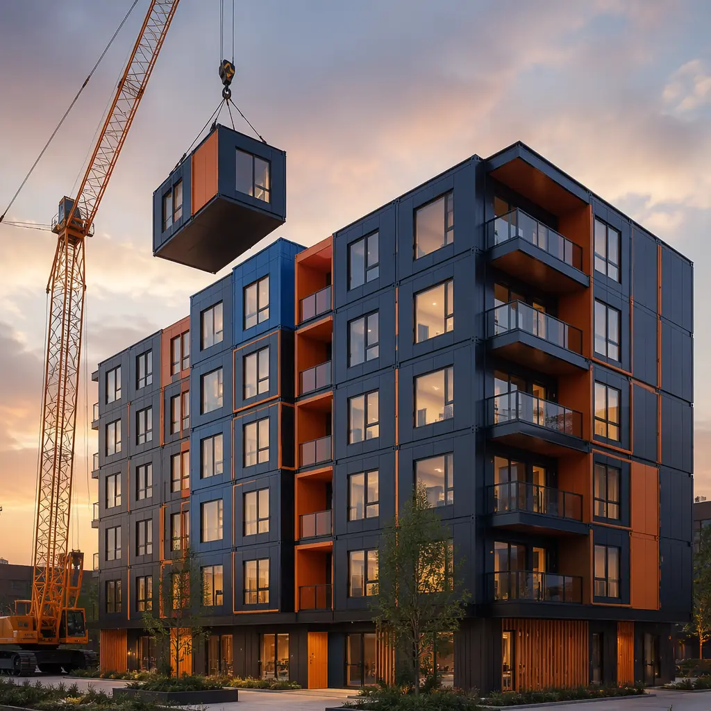 Multi-story modular apartment building exterior, modular prefabricated construction with grid pattern facade reflecting factory-assembled modules, module seams visible, crane positioned alongside building, completed modules with installed windows and exterior cladding, clean modern architectural design, warm sunset lighting, color palette: dark navy structure with warm steel orange accent elements