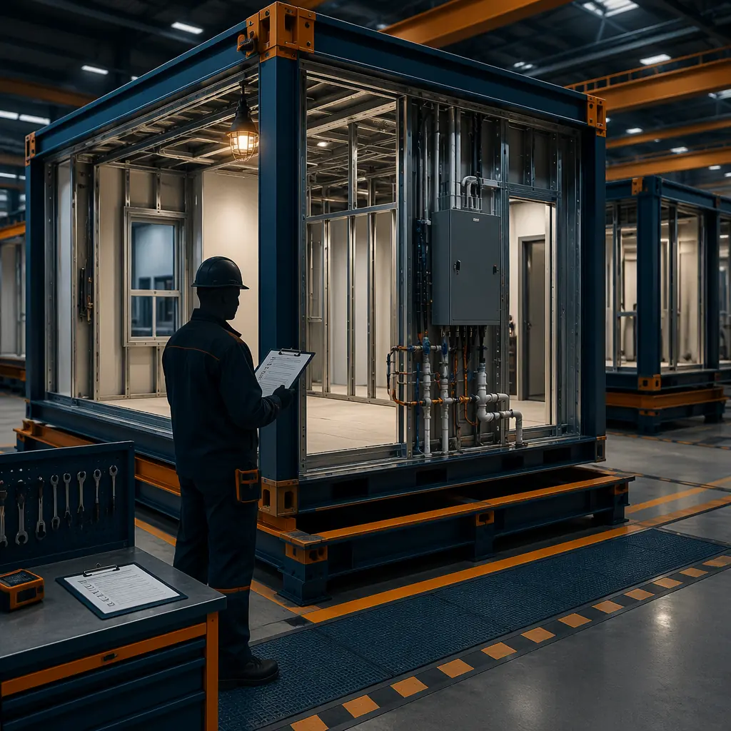 Factory quality control inspection station in modular prefabricated construction facility, technician in safety vest examining completed steel frame module, inspection checklist on tablet, electrical panel and plumbing connections being tested, MBI certification documentation visible on wall, organized factory floor with modules in background, color palette: dark navy and warm steel accents