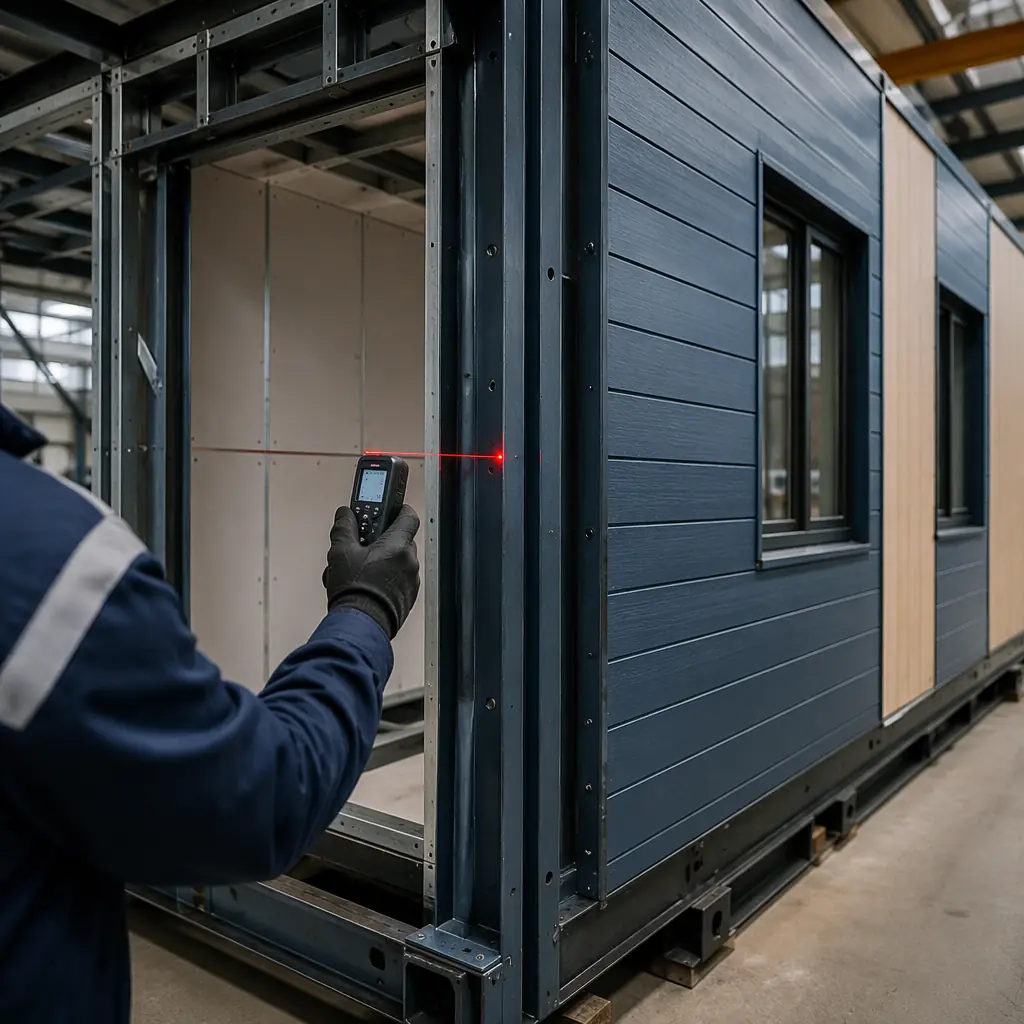 Close-up photorealistic scene at modular construction factory, quality inspector measuring steel frame module dimensions with laser measurement tool, prefabricated wall panel with installed windows and exterior cladding in background, module seams visible, steel frame structure with factory-applied fire-rated gypsum board, clean industrial setting with natural light from factory windows