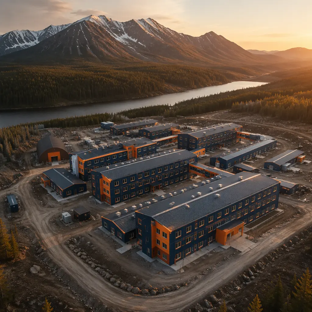 Aerial view of completed modular mining camp complex in remote industrial setting, steel frame prefabricated buildings arranged in functional layout, clean geometric facade of factory-assembled modules, rugged landscape surrounding organized camp infrastructure, extreme climate engineered modular buildings showing resilience design, dark navy structural elements with warm steel orange brand accent details on key buildings