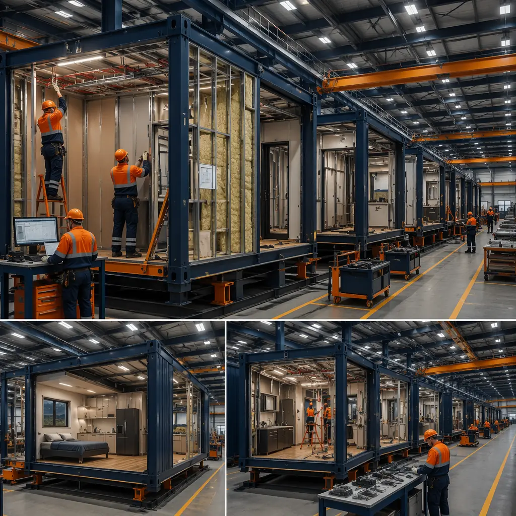 Inside modular prefabricated construction factory, steel frame camp accommodation modules being assembled on production line, workers installing wall panels insulation and MEP systems, completed modules with living quarters interior visible, industrial factory floor with quality control stations, modular mining camp units under controlled factory conditions, dark navy structural elements and warm steel orange brand color details