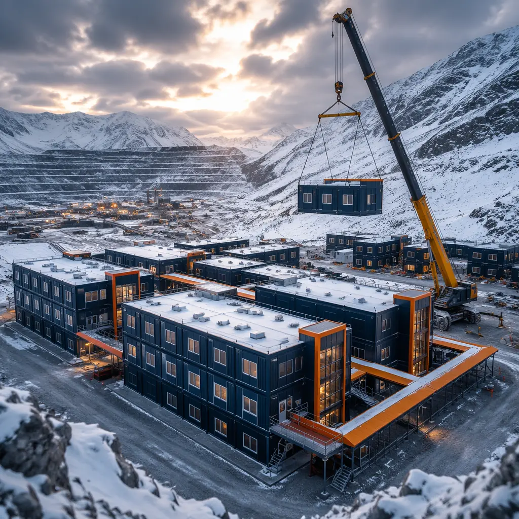 Completed modular mining camp complex at remote industrial site, multiple steel frame accommodation modules arranged in organized layout with connecting walkways, crane lifting module unit into position on prepared gravel pad, rugged mountain landscape with mining infrastructure visible in background, extreme climate engineered modular buildings with insulated exterior, factory-assembled prefabricated construction camp, dark navy and warm steel orange branding