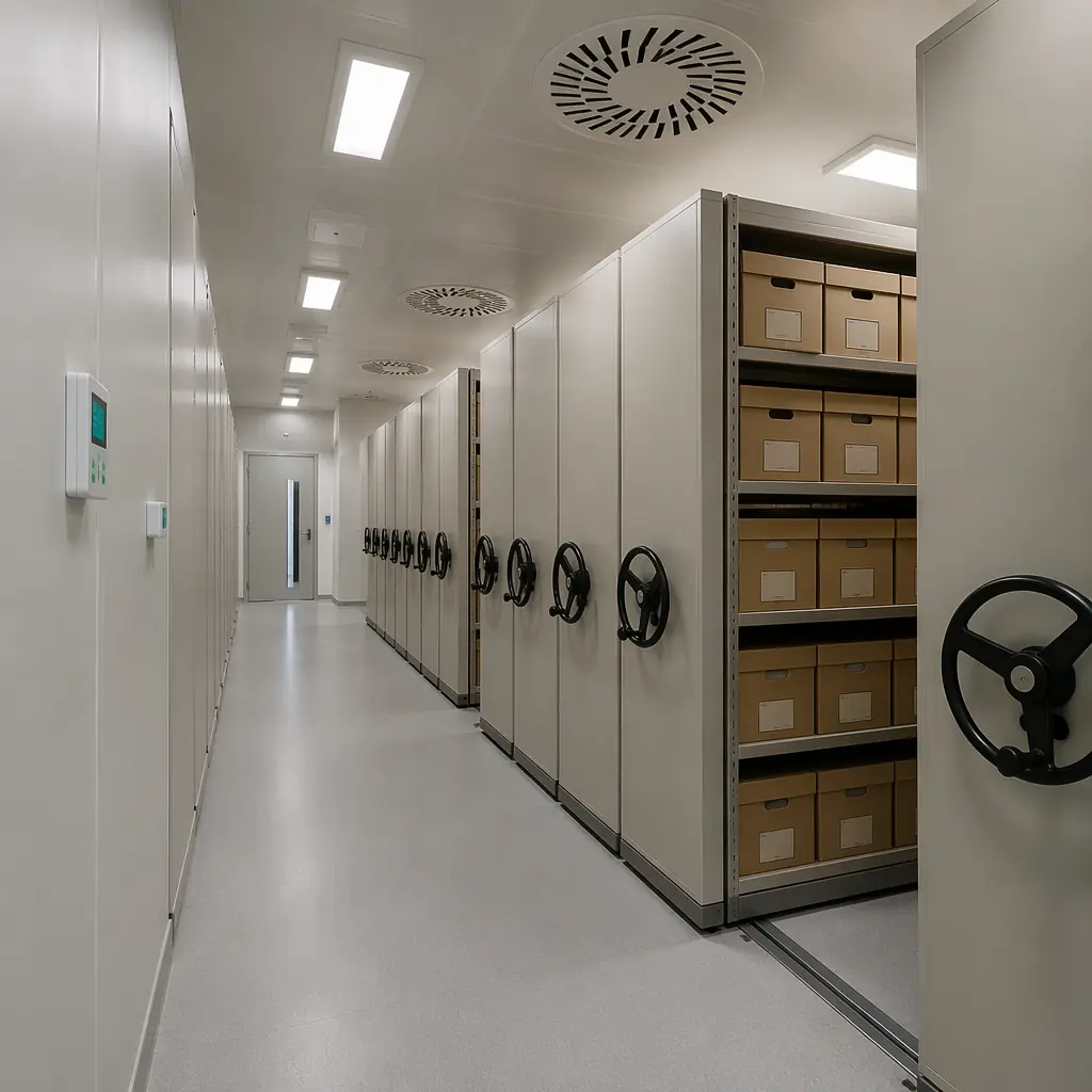 Photorealistic interior view of climate-controlled archival storage facility, high-density compact mobile shelving systems with archival boxes, LED lighting with UV-filtered fixtures, visible HVAC diffusers in ceiling, temperature and humidity monitoring sensors on walls, clean organized institutional environment, no windows, controlled access door visible