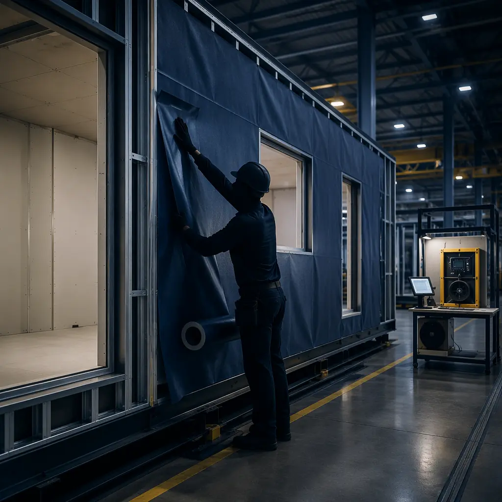 Inside modular construction factory, technician applying continuous air barrier membrane to completed module wall assembly, steel frame module with installed gypsum board visible, factory lighting showing clean controlled environment, quality inspection station with testing equipment in background, color palette: dark navy and warm steel accents