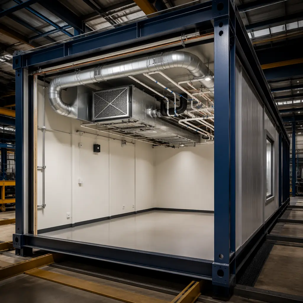 Inside modular construction factory, completed museum storage module with exposed ceiling showing precision-installed HVAC ductwork, HEPA filtration unit, VESDA aspirating smoke detection sampling pipe network, insulated refrigerant lines, all MEP systems factory-preinstalled and tested, module interior with clean finished walls ready for occupancy, organized factory environment