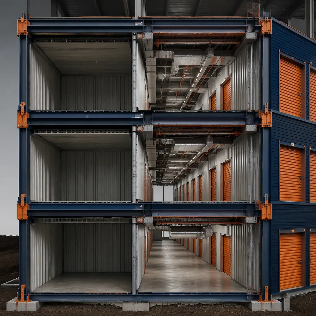Photorealistic 3D cross-section render of modular self-storage building showing stacked steel-framed storage unit modules, double-loaded corridor with factory-installed roll-up doors and sprinkler piping, climate control HVAC ductwork in ceiling cavity, unit partition walls with metal stud framing visible, dark navy structural steel columns with warm steel orange accent details