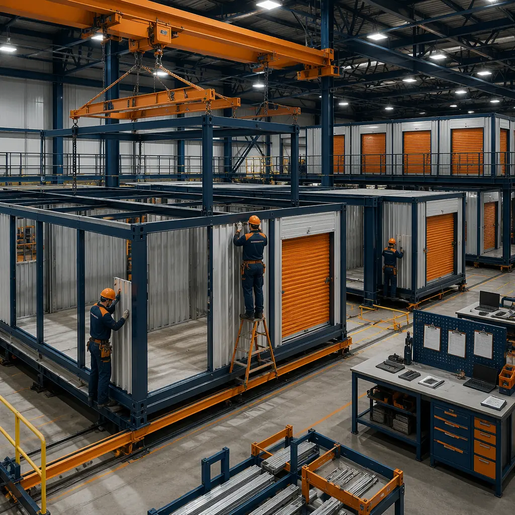 Factory floor of modular prefabricated construction facility, steel-framed self-storage unit modules being assembled on production line, workers installing roll-up doors and metal partition walls, completed storage modules with corridor sections visible, quality control inspection station, dark navy structural steel elements with warm steel orange safety markings