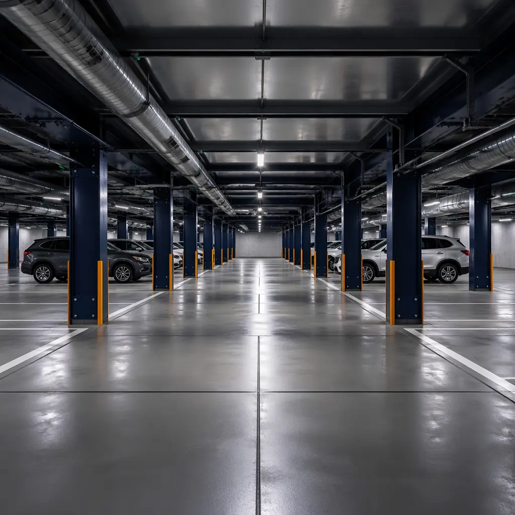 Completed modular underground parking garage interior, steel-framed prefabricated subterranean structure with clean epoxy-coated concrete floor, LED lighting and ventilation ducts pre-installed in factory, vehicle parking bays with column grid visible, modular construction seams visible as architectural feature, dark navy structural columns with warm steel orange safety bollards