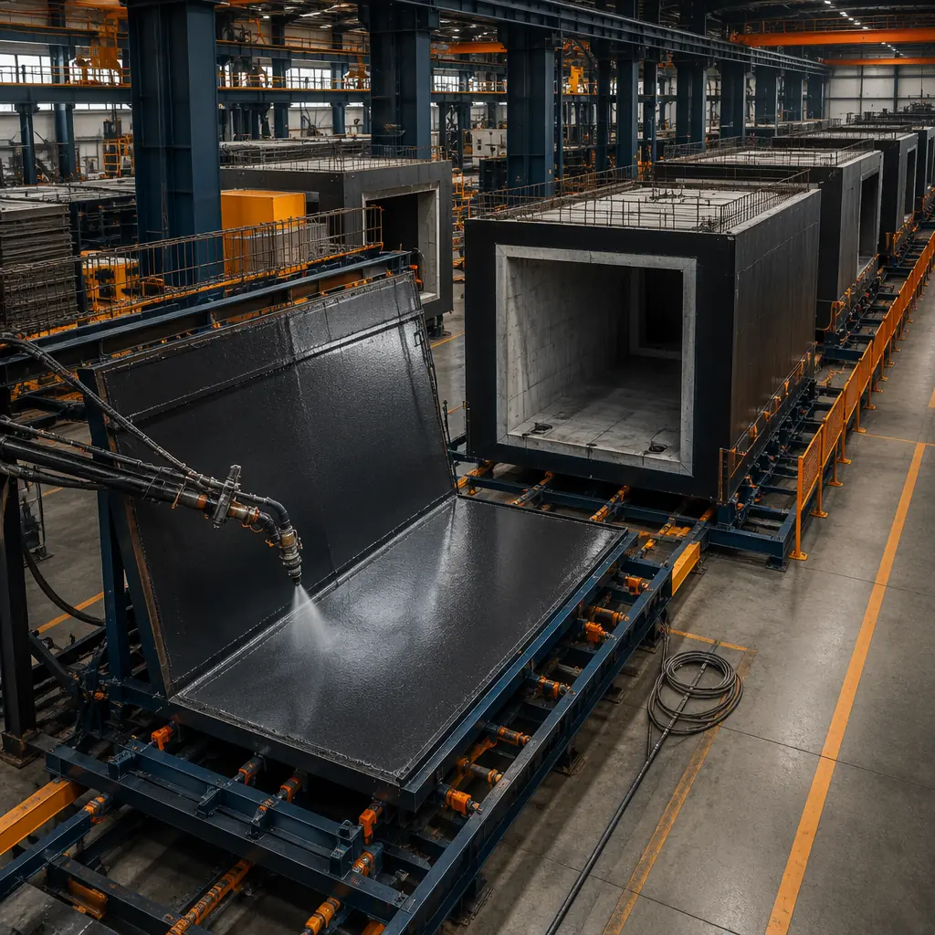 Factory floor of modular prefabricated construction facility, steel-framed subterranean module with integrated waterproofing membrane being assembled, workers applying polyurea waterproofing on horizontal wall panel jig, assembly line with below-grade modules in production, controlled factory environment with dark navy structural steel elements