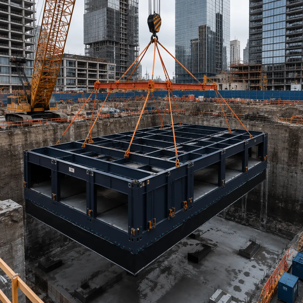 Crane lowering modular steel-framed underground parking module into deep urban excavation, prefabricated subterranean structure with integrated waterproofing membrane, module seams and lifting points visible, urban construction site with surrounding skyscrapers, modular prefabricated construction for below-grade parking, dark navy steel frame with warm steel orange lifting rigging