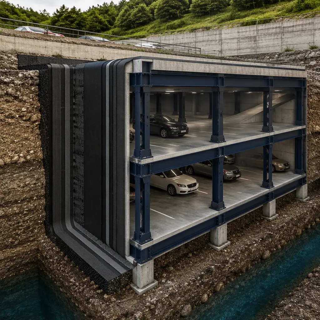 Photorealistic 3D cross-section render of modular underground parking structure, steel-framed subterranean modules stacked two levels deep, waterproofing membrane visible on exterior walls, vehicle ramps and column grid visible, soil layers and groundwater table indicated, modular prefabricated construction cross-section showing steel frame and concrete composite floor, dark navy structural elements