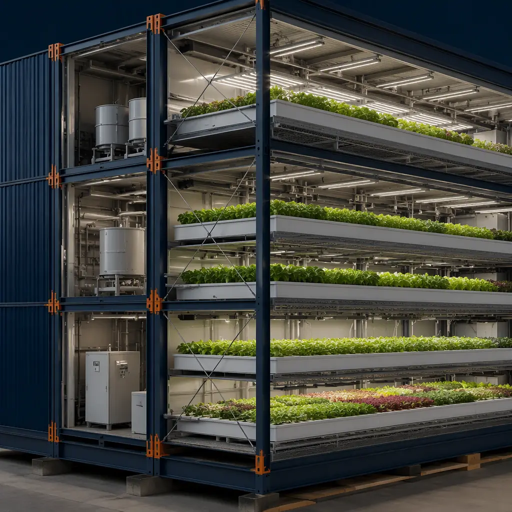 Photorealistic 3D cross-section render of modular vertical farm grow room module, steel frame structure with factory-installed multi-tier LED lighting arrays and NFT irrigation channels, dedicated dehumidification ductwork visible in ceiling plenum, floor drains with slope-to-drain detail, dark navy structural steel with warm steel orange accent elements and lush green crop canopies on each growing tier