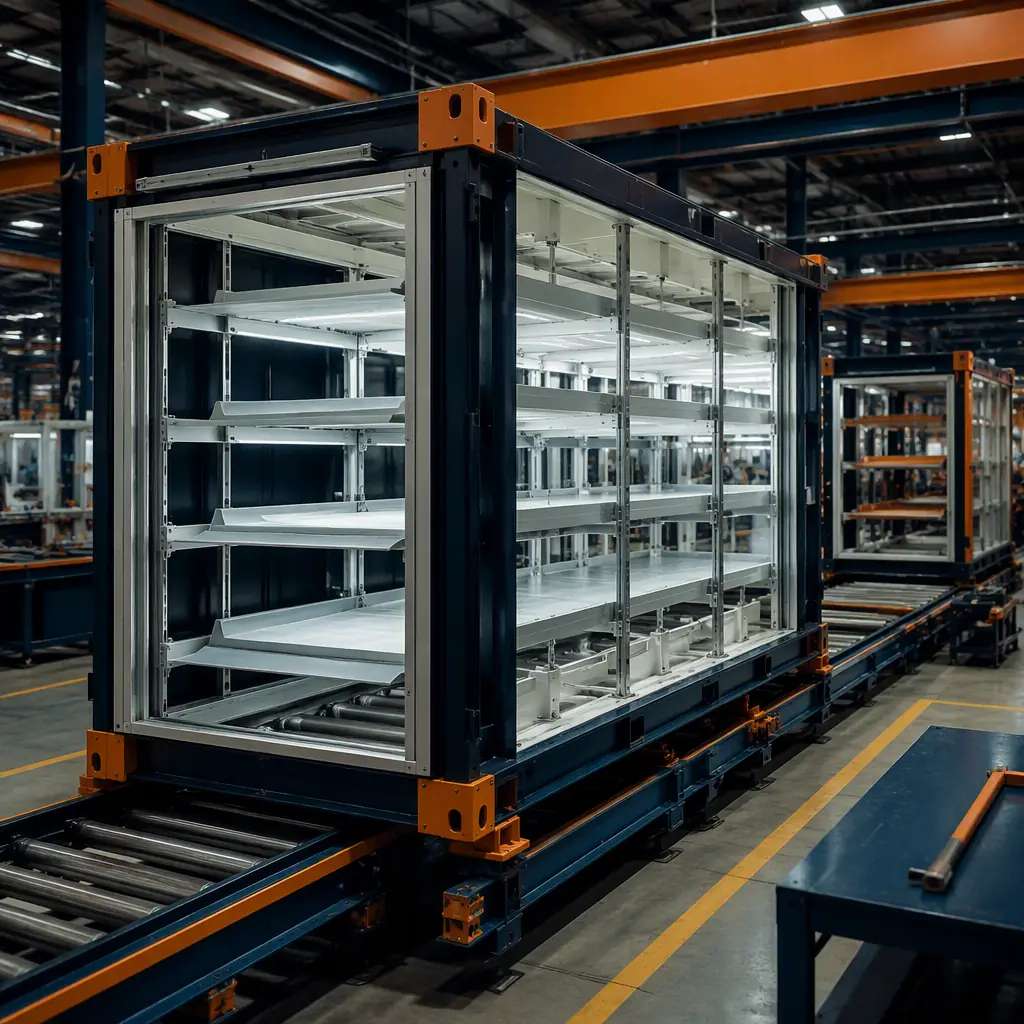 Factory assembly line for modular vertical farm construction, large steel-framed grow room module with multi-tier LED lighting arrays being installed, workers connecting irrigation manifolds and nutrient dosing lines, HEPA filtration units mounted in ceiling plenum, propagation module with positive pressure airlock in adjacent bay, dark navy structural steel with warm steel orange safety rail accents