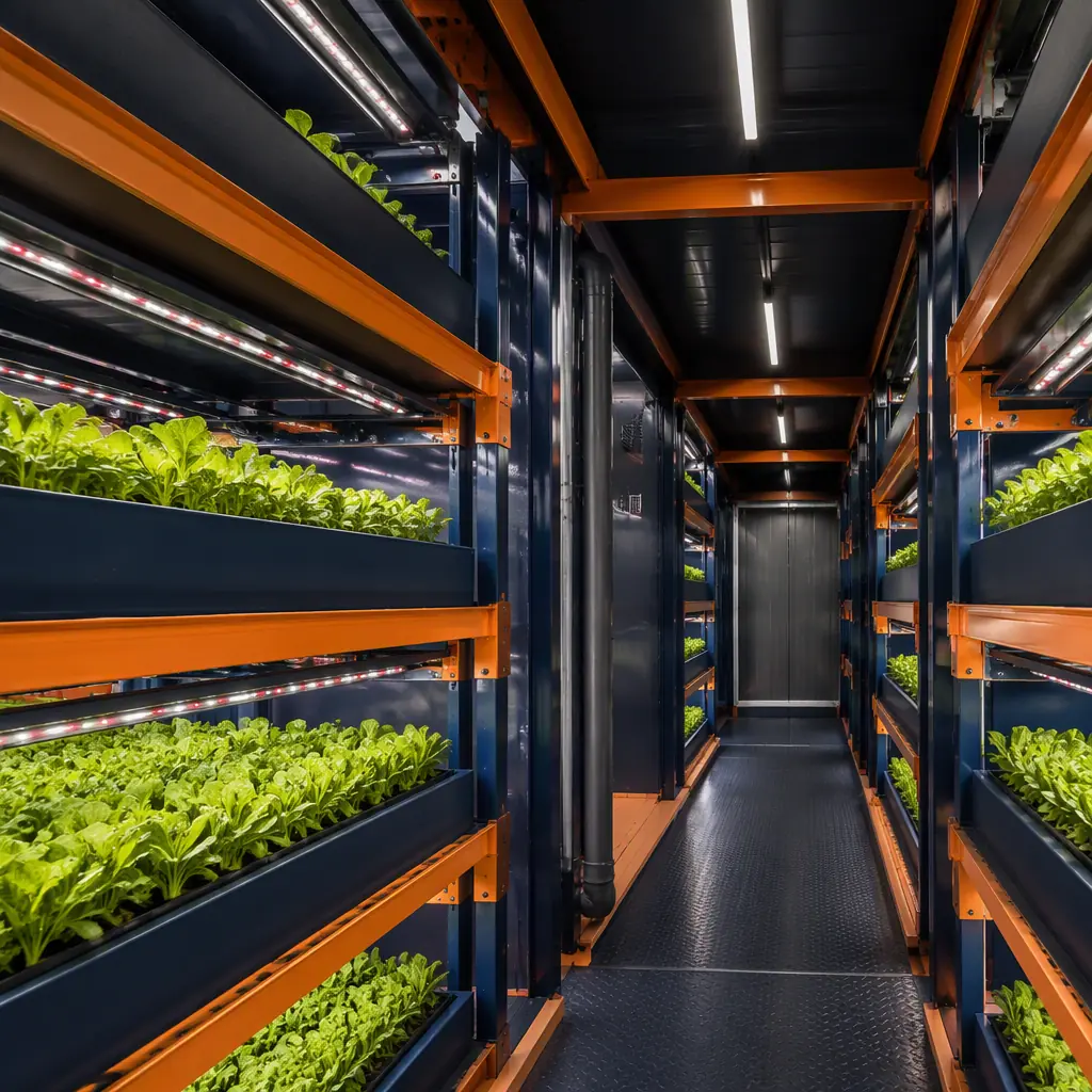 Interior view of operational modular vertical farm grow room, multi-tier steel racking with vibrant leafy greens under pink-white LED spectrum lighting, NFT irrigation channels with nutrient solution flowing, clean room attire worker inspecting crop quality, stainless steel floor with trench drains, HEPA filtration diffusers visible in ceiling, sealed module envelope with positive pressure airlock entry door