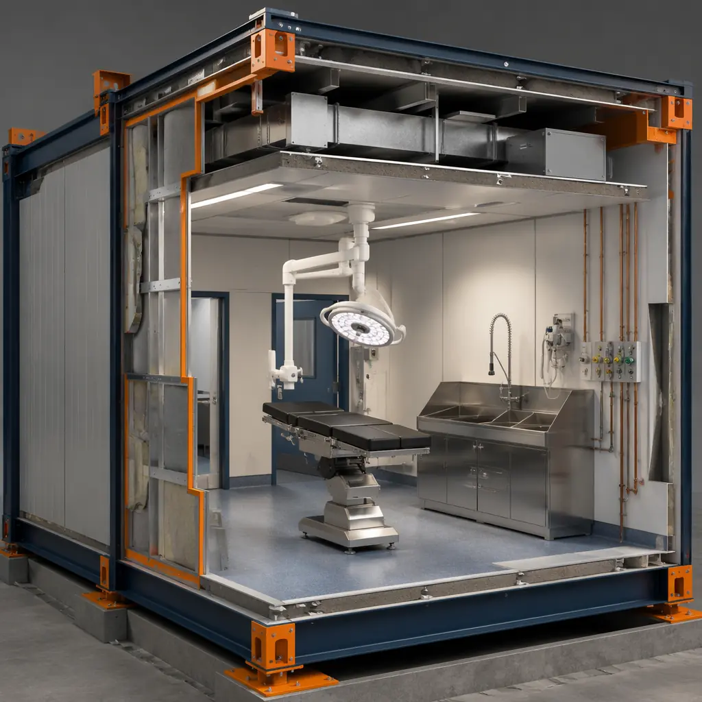 Photorealistic 3D cross-section render of modular veterinary clinic surgical suite, steel frame structure with factory-installed lead shielding, surgical table with overhead lighting arm, scrub sink with stainless steel counter, HEPA filtration ductwork visible, dark navy structural steel elements