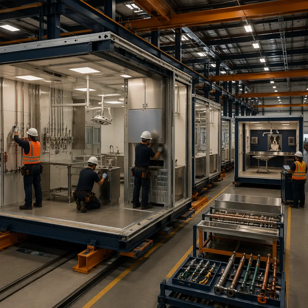 Factory assembly line for modular veterinary clinic construction, large steel-framed clinic module with surgical suite being assembled, workers installing medical gas piping and lead shielding, veterinary clinic module nearing completion on factory floor, quality control inspection station, dark navy structural steel elements with warm steel orange safety rail accents