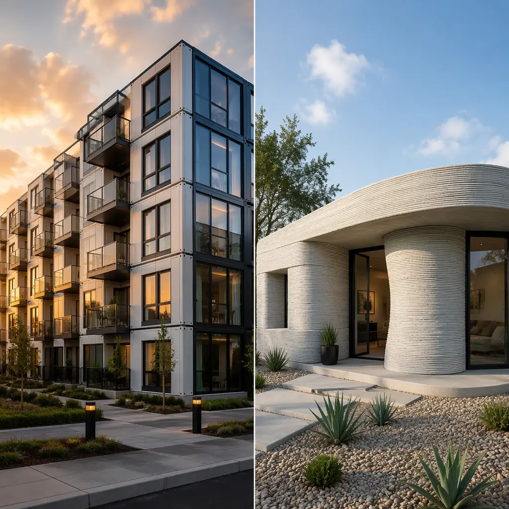 Split-frame comparison of completed buildings: left side shows modern multi-story modular apartment complex with clean geometric facade, grid pattern reflecting factory-assembled modules, balconies, glass curtain wall sections, warm sunset lighting; right side shows single-story 3D printed concrete house with curved layered walls, distinctive extrusion texture, organic architectural form, daytime natural lighting