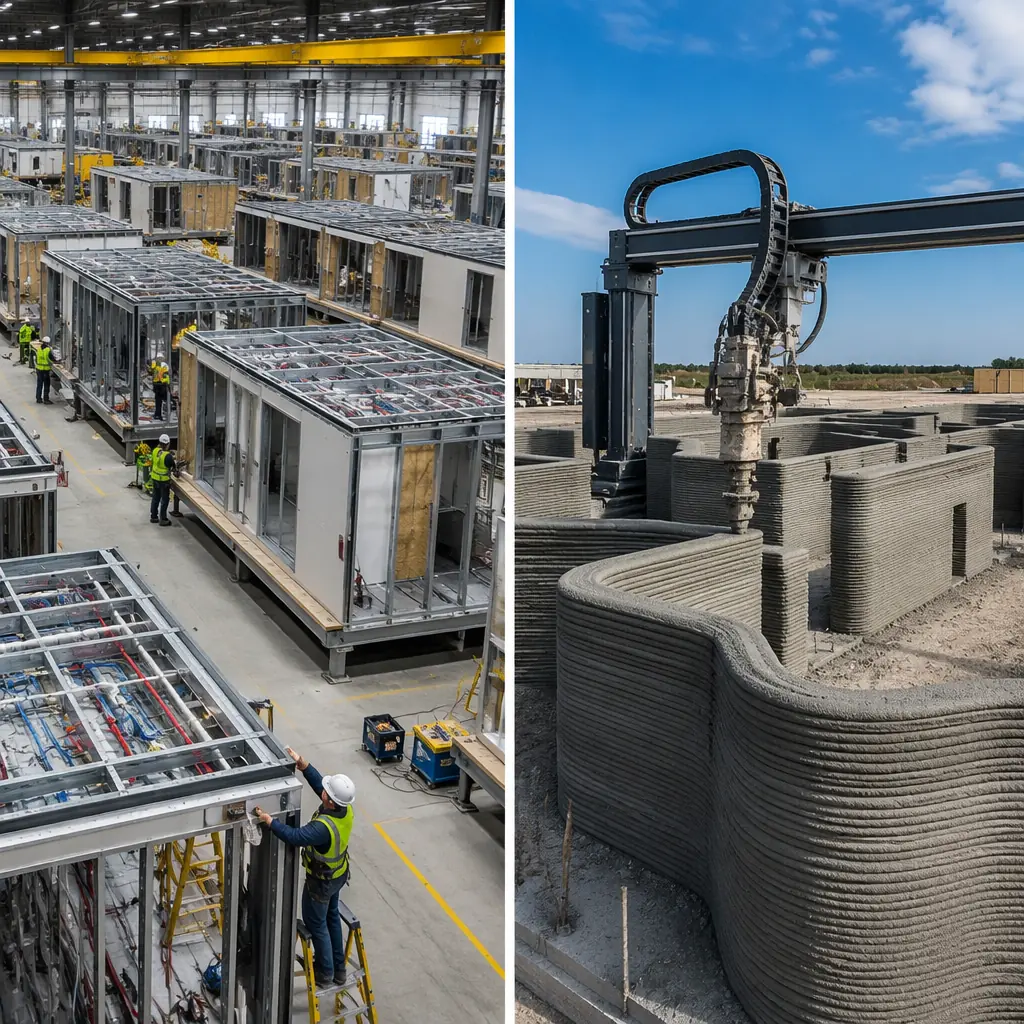 Split-frame photorealistic comparison: left side shows busy modular construction factory floor with steel frame modules in various completion stages, workers installing wall panels and MEP systems, organized assembly line; right side shows concrete 3D printer on outdoor construction site extruding layered walls, robotic arm depositing concrete in precise layers, open sky above showing weather exposure difference