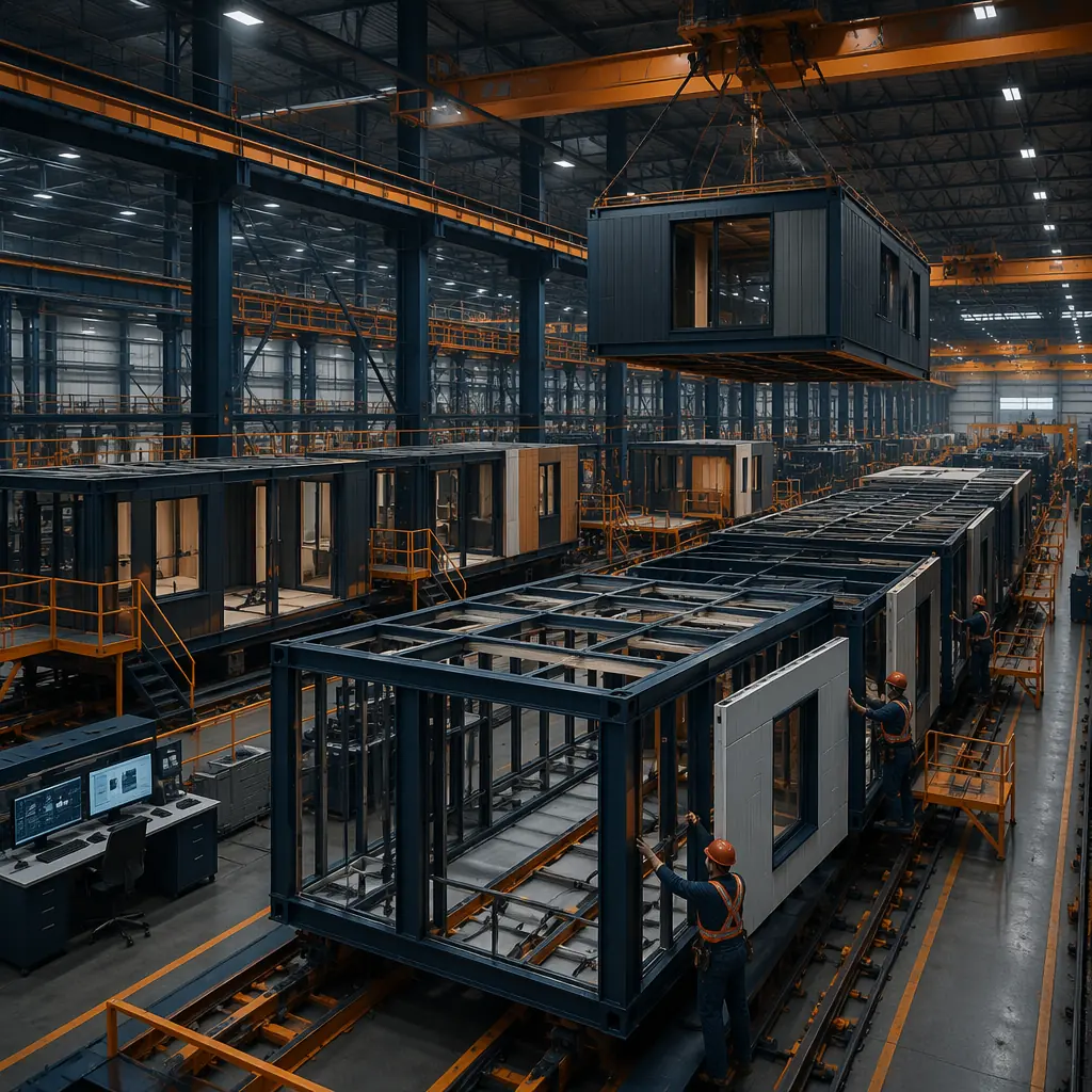 Factory assembly line for modular building units, steel frame modules at various completion stages on the production floor