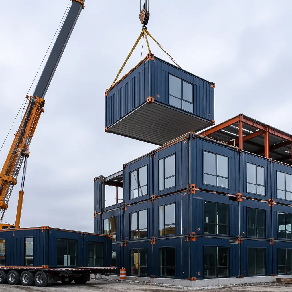 Crane lifting a completed modular building unit onto a multi-story structure, module with factory-installed windows and exterior cladding visible