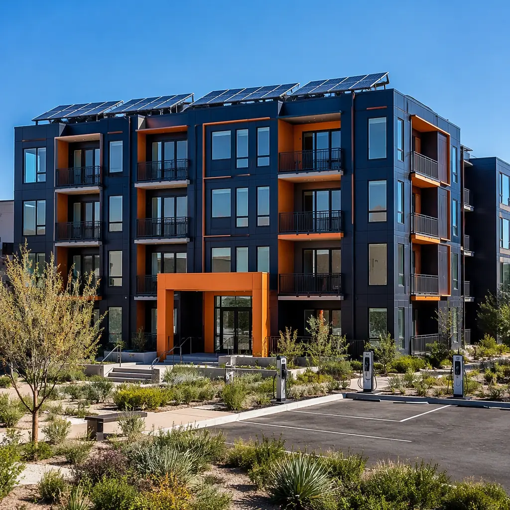 Completed modular net-zero energy multi-story residential building, rooftop solar panel array visible on prefabricated module roofs, modern sustainable architecture with clean geometric facade showing factory-assembled module grid pattern, electric vehicle charging stations in parking area, landscaping with native drought-resistant plants, dark navy building exterior with warm steel orange accent details on building entrance, professional architectural photography in bright daylight