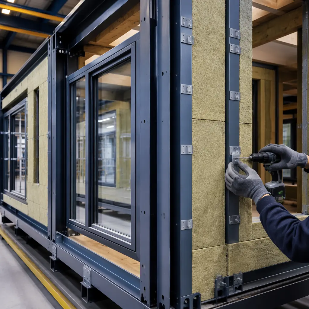 Inside modular construction factory, prefabricated building module on assembly line showing continuous exterior insulation being installed on steel frame, worker applying thermal break clips for cladding attachment, mineral wool insulation boards cut to precise dimensions fitting flush against steel framing members, clean factory environment with controlled lighting, sustainable construction materials visible