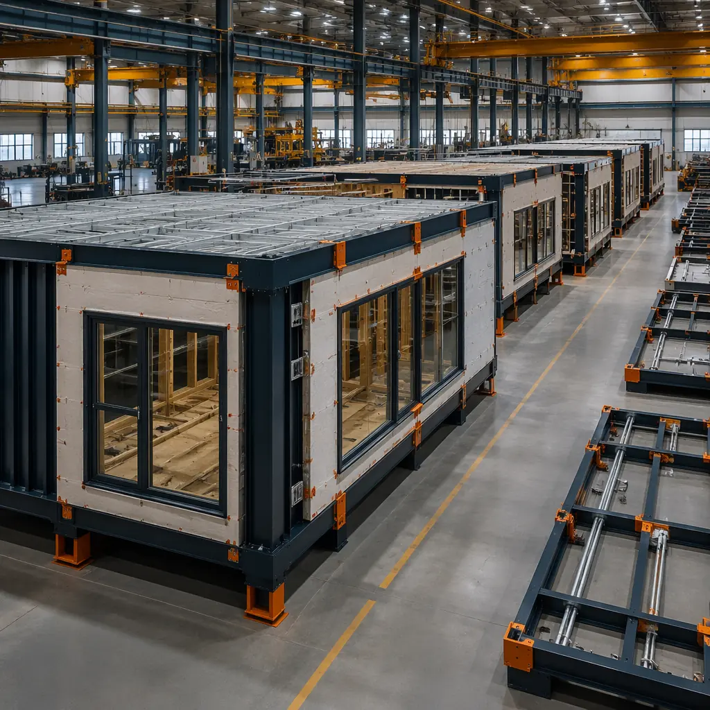 Factory assembly line of modular prefabricated building modules designed for net-zero energy performance, modules with integrated solar-ready roof framing and pre-installed conduit pathways visible, high-performance triple-glazed windows factory-installed in module walls, continuous exterior insulation wrapping module envelope, clean factory environment, dark navy structural steel frames with warm steel orange accent details on module exterior connections
