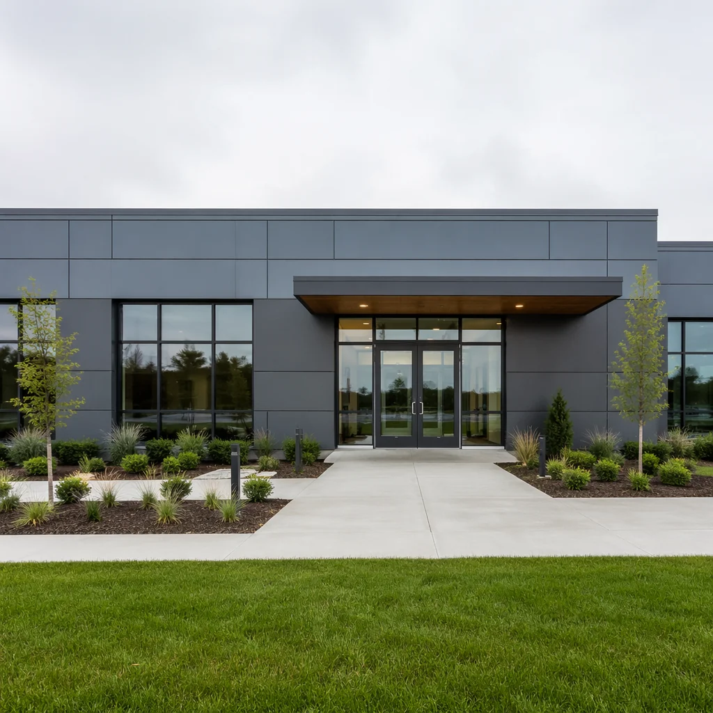 Contemporary 3-story modular office building with glass curtain wall