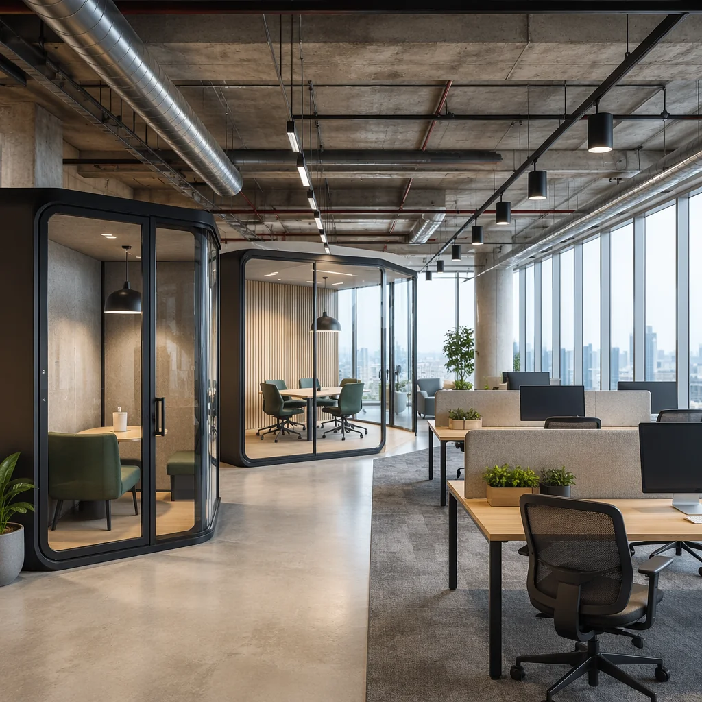 Open-plan modular office interior with meeting pods, desks, and floor-to-ceiling windows