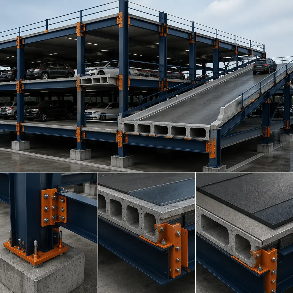 Photorealistic 3D cross-section render of modular parking structure deck assembly, steel frame beams with pre-cast concrete double-tee deck panels, bolted connections at beam-to-column joints visible, vehicle ramp slope and waterproofing membrane detail shown