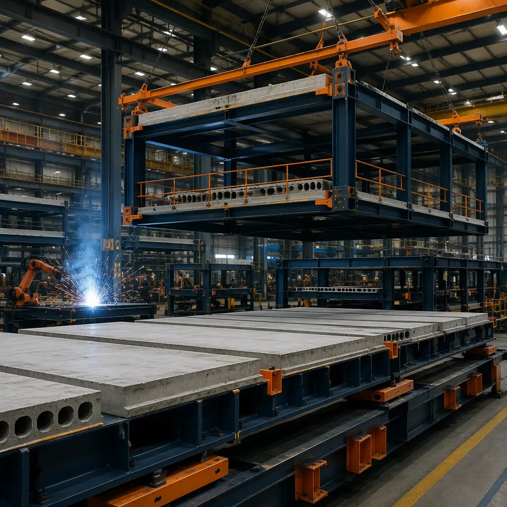 Factory floor of modular construction facility, large steel frame parking structure modules being assembled on production line, pre-cast concrete deck panels visible, welding stations for structural connections, overhead crane moving completed module