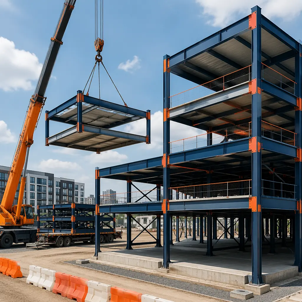 Construction site with crane lifting modular parking structure steel frame unit onto prepared foundation, prefabricated modules with pre-cast deck panels being stacked and connected, flatbed truck delivering next module, urban construction setting