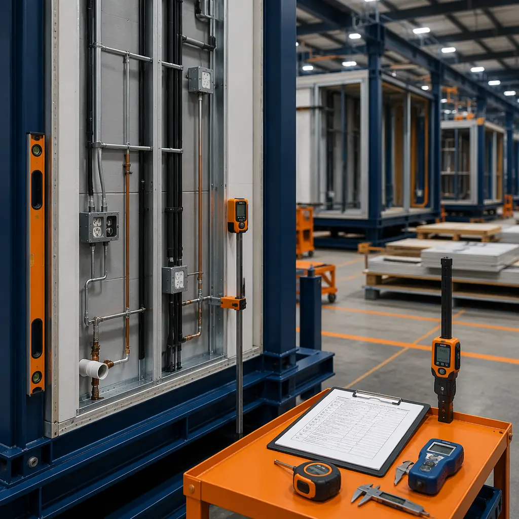 MODURA factory assembly line showing steel frame module under construction with quality inspection station and precision jigs visible on factory floor