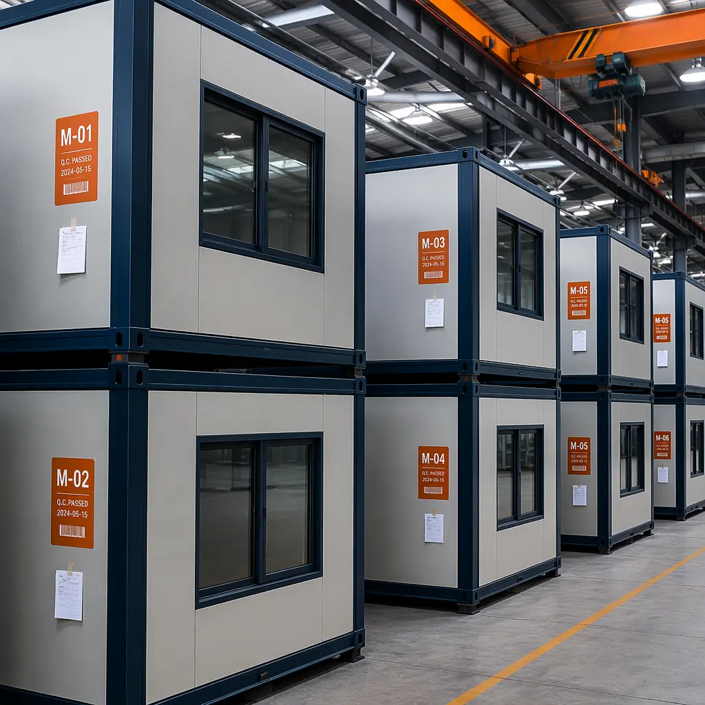 Completed steel-frame modular building units staged on MODURA factory floor, labeled and ready for transport, showing production capacity and quality control finish