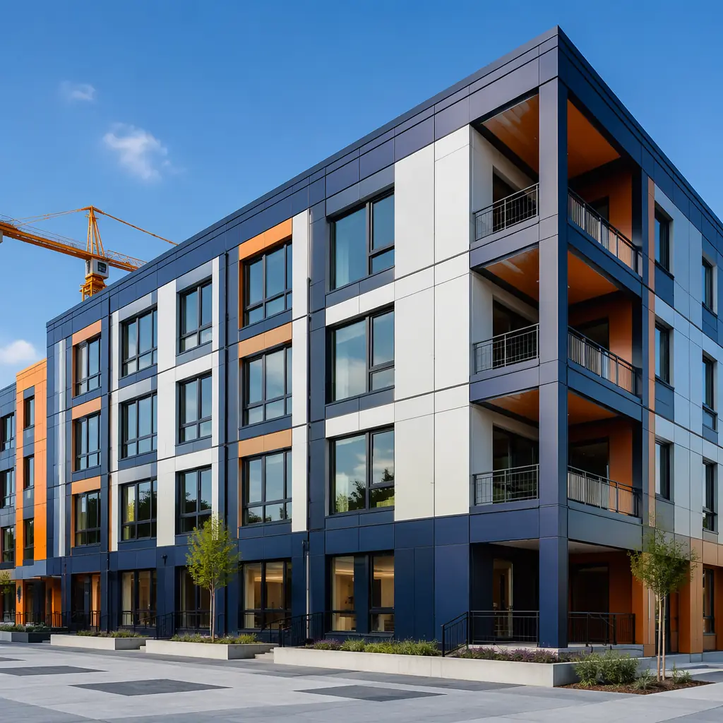 Modern modular construction project exterior, completed multi-story building with clean geometric facade, prefabricated modules assembled, steel frame accents visible, professional commercial architecture