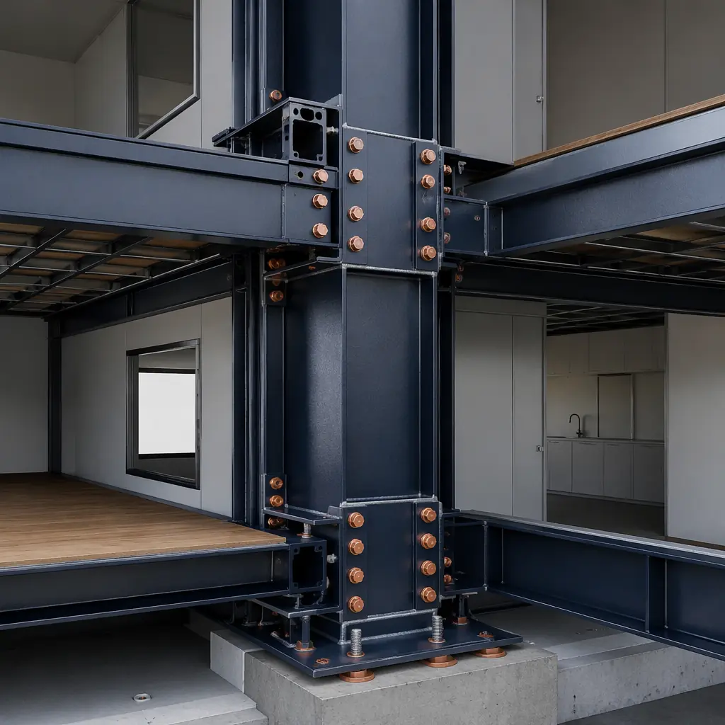 Large-scale modular construction factory floor, steel-framed modules at various stages of completion, assembly line with workers installing wall panels, structural elements visible, quality inspection station