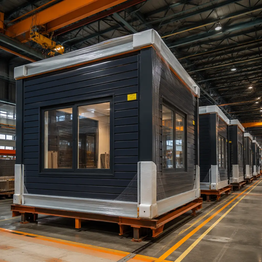 Completed modular construction units on factory floor awaiting transport, steel frame modules with factory-installed windows and exterior cladding, industrial warehouse setting, quality control inspection underway