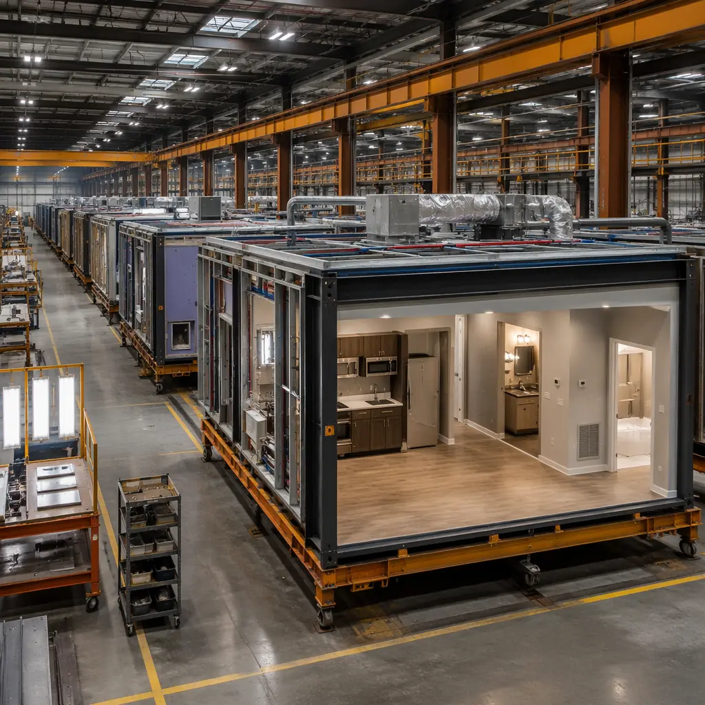Factory floor of modular prefabricated construction facility, steel-framed building module with completed interior finishes, windows, and MEP systems nearing completion, assembly line with multiple modules in production, quality inspection station visible